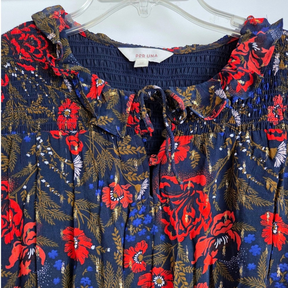 Per Una Marks Spencer Navy Floral Metallic Maxi Dress Smocked Tiered Size 10 - Picture 2 of 8